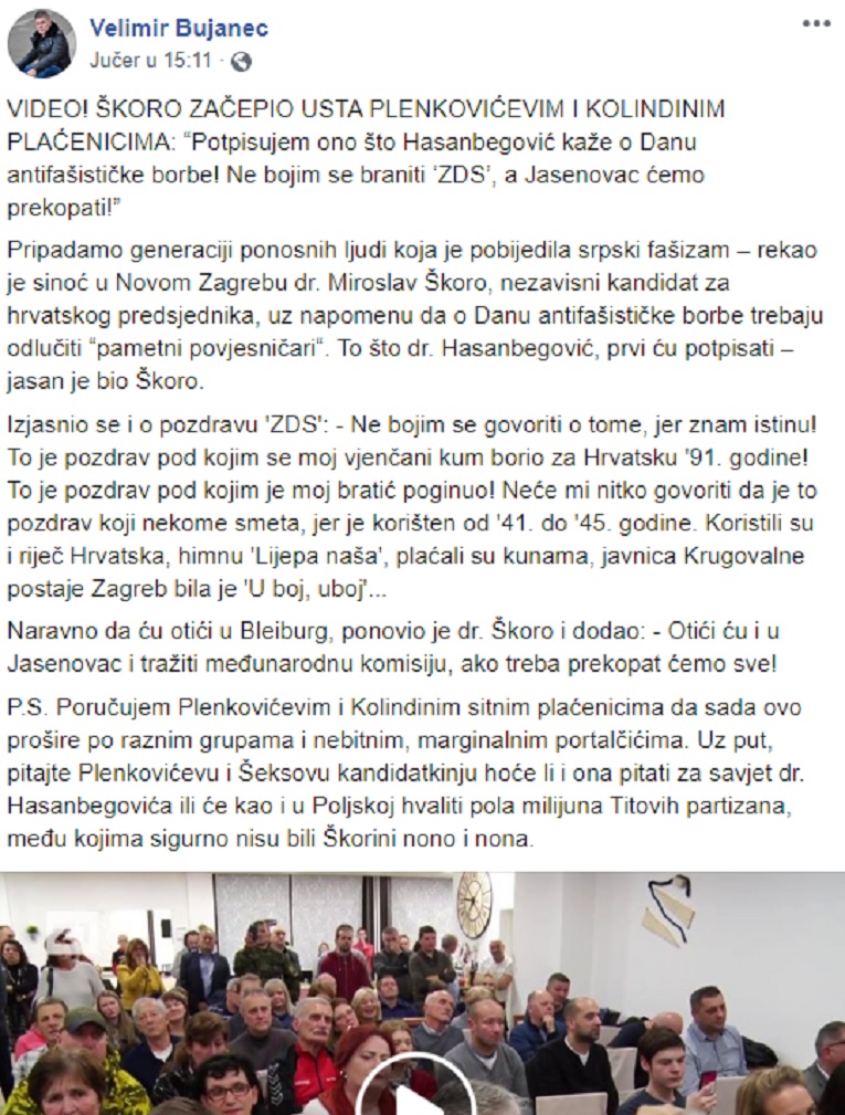 Škoro kaže da je izjava da će prekopati Jasenovac montaža. To je objavio Bujanec